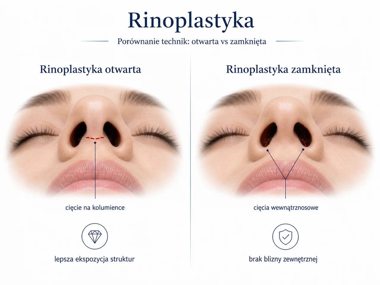 Plansza medyczna: porównanie techniki otwartej i zamkniętej rhinoplastyki.