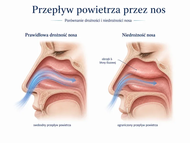 Plansza medyczna: prawidłowa drożność nosa i niedrożność spowodowana obrzękiem błony śluzowej.