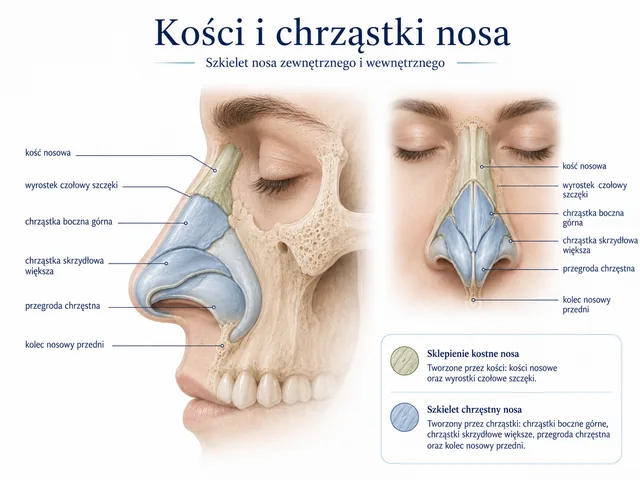 Plansza medyczna: szkielet kostny i chrzęstny nosa w widoku bocznym i frontalnym.