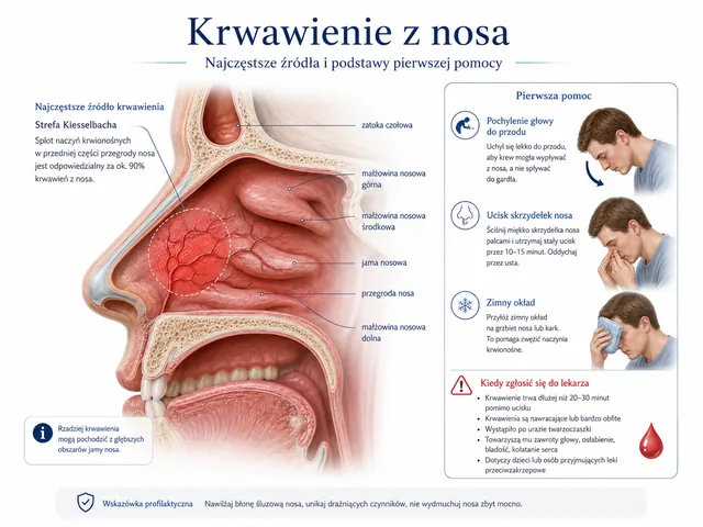 Plansza medyczna: najczęstsze źródło krwawienia z nosa i podstawy pierwszej pomocy.