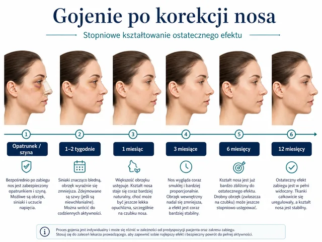 Plansza medyczna: etapy gojenia po korekcji nosa od opatrunku do ostatecznego efektu.