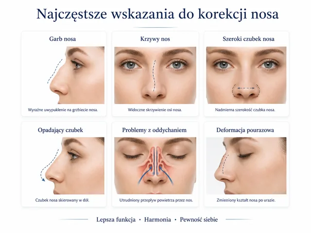Plansza medyczna: najczęstsze wskazania do korekcji nosa, od garbu i krzywizny po problemy z oddychaniem.