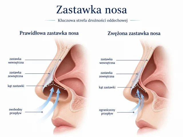 Plansza medyczna: prawidłowa i zwężona zastawka nosa oraz znaczenie dla drożności oddechowej.