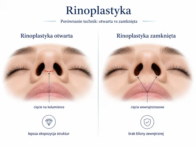 Plansza medyczna: porównanie techniki otwartej i zamkniętej rhinoplastyki.