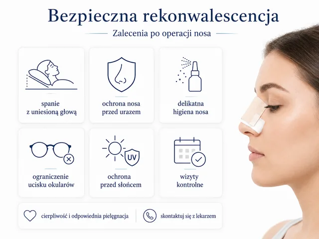 Plansza medyczna: zalecenia po operacji nosa, ochrona nosa, higiena, okulary, słońce i kontrole.
