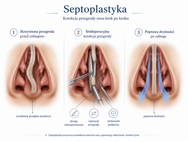 Plansza medyczna: trzy etapy septoplastyki i poprawa drożności po korekcji przegrody.