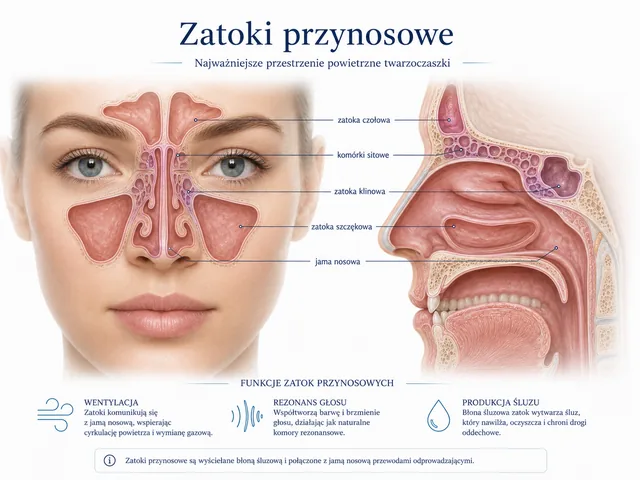 Plansza medyczna: zatoki przynosowe, komórki sitowe, jama nosowa i funkcje zatok.