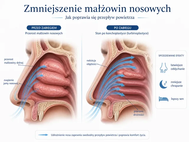 Plansza medyczna: przerost małżowin przed zabiegiem i poprawa przepływu po redukcji.