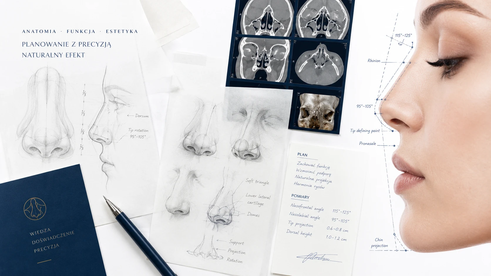 Eksperckie planowanie nosa z rysunkami anatomicznymi, analizą profilu i obrazowaniem TK